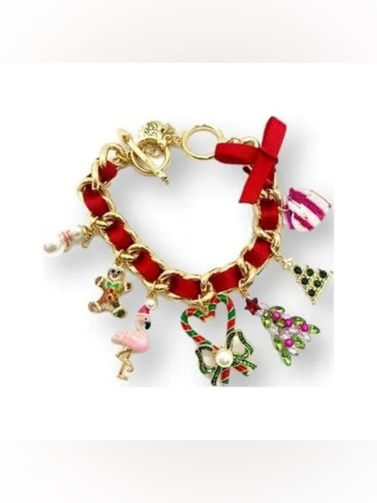 Betsey Johnson Jewelry - Betsey Johnson Red Ribbon Gold-Tone Christmas Charm Bracelet